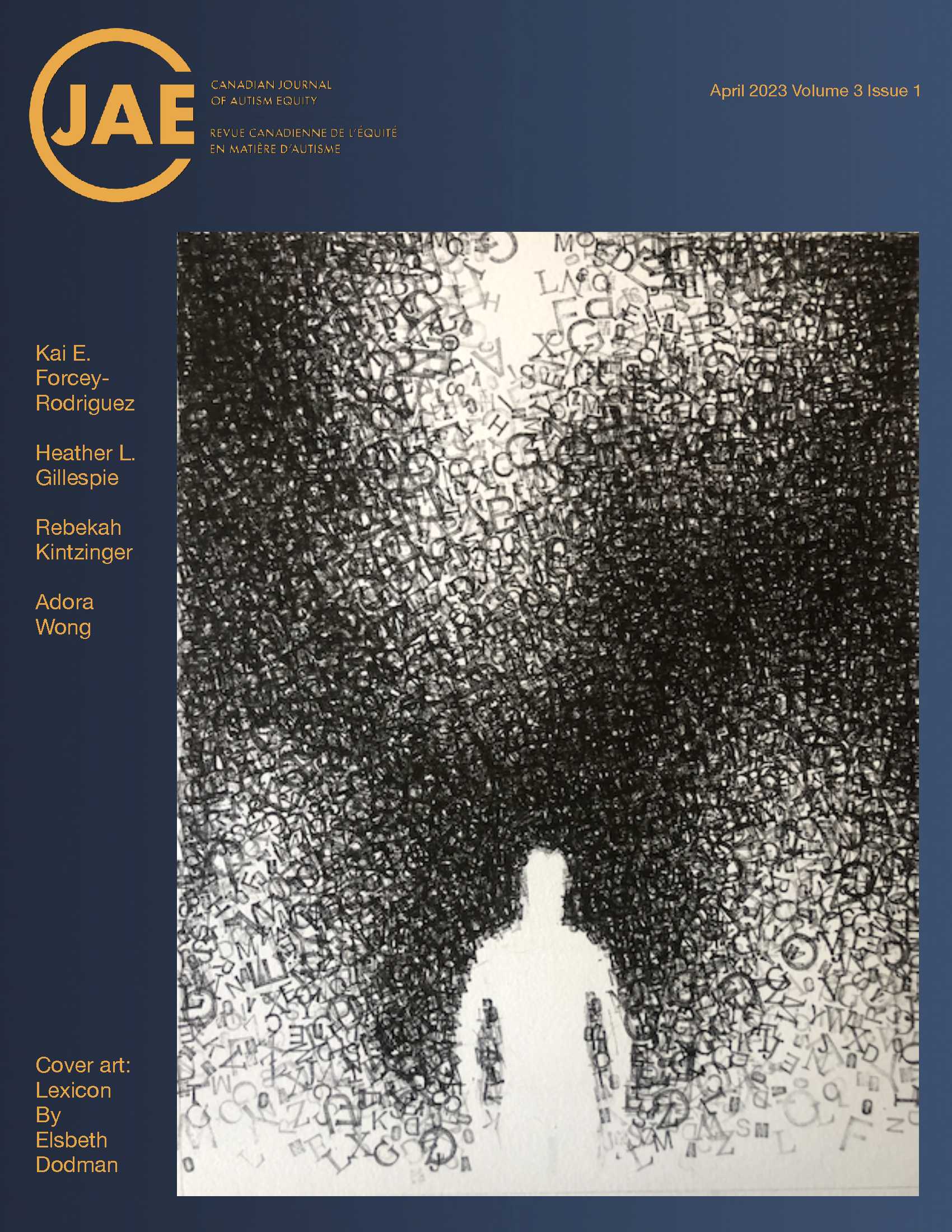 Artwork by Elsbeth Dodman titled "Lexicon".  Surrounded by a yellow border with the CJAE logo, a list of author's names and April 2023 Volume 3 Issue 1.